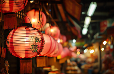 Red lanterns inside an oriental store