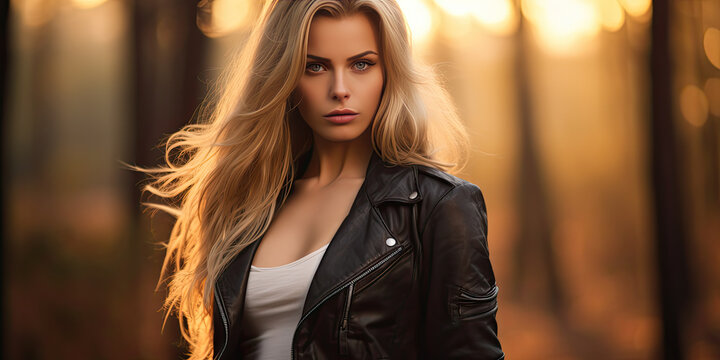 young beautiful blonde woman in forest with long hair and leather jacket near to sunset, generative AI