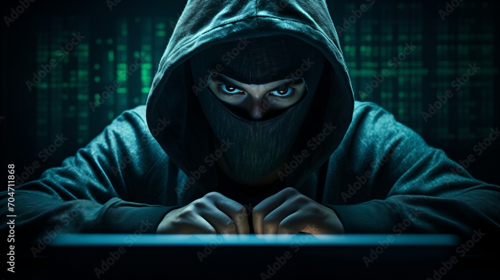 Aufkleber a masked hacker in a hoodie is sitting in front of a computer.