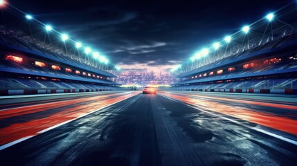racing track finish line and illuminated race sport stadium at night. - obrazy, fototapety, plakaty