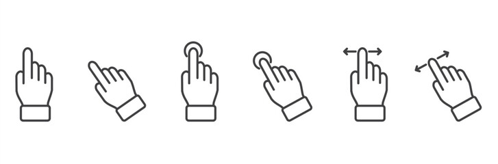 Icon set of finger touch gesture related Vector illustration, Simple set of gesture line icons. Simple touch screen gesture pack. Stroke vector illustration on a transparent background. Modern outline