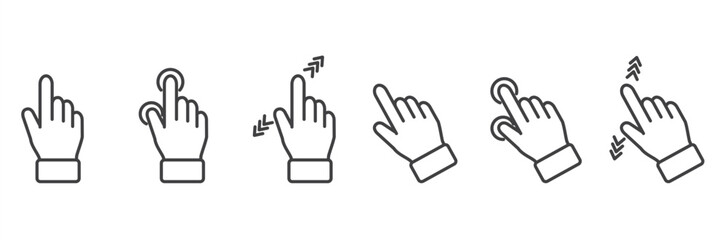 Obraz premium Gesture touches vector linear sions set. Simple touch screen gesture pack. Stroke vector illustration on a transparent background. Modern outline style icons collection.