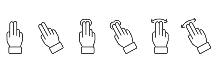 Fototapeta premium Simple set of gesture line icons. Simple touch screen gesture pack. Stroke vector illustration on a transparent background. Modern outline style icons collection.