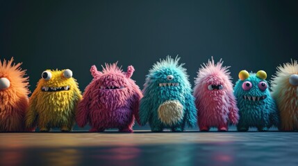 fluffy plush texture monsters in a line