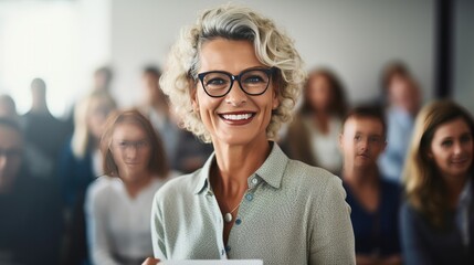 American middle age business woman in front of a group - obrazy, fototapety, plakaty
