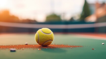 ball on a paddle tennis court line. Selective focus. Bright blue tennis, - obrazy, fototapety, plakaty