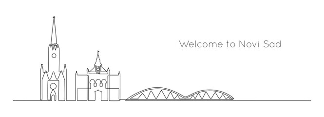Fototapeta premium Continuous one line drawing of Novi Sad city. Serbian landmarks and city architecture in simple linear style. Editable stroke. Doodle outline vector illustration