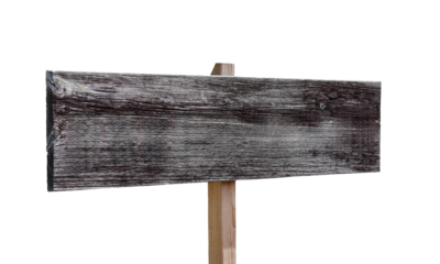 Old grey wooden blank board post isolated cutout on transparent