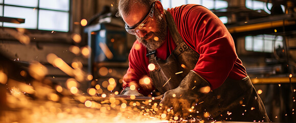 Fototapeta na wymiar Experienced Craftsmen Engrossed in Metalwork: A Spark-filled Scene of Artisanal Expertise and Industrial Aesthetics