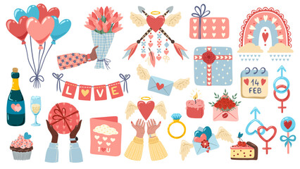 Set of illustration for Valentine's day. Flat cartoon design of graphic element. Clip arts for greeting card, invitation, print, sticker. Illustration for birthday, mother's day and woman's day.