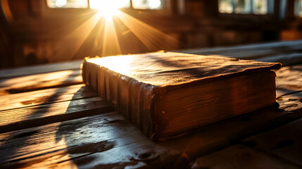 Bible old book on wooden table. - obrazy, fototapety, plakaty
