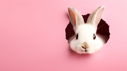 Obraz premium Cute white rabbit on pink background. Happy Easter banner. Copy space.