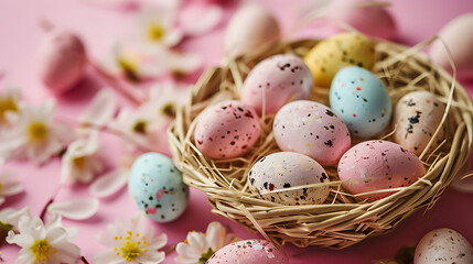 Naklejka na ściany i meble Small colourful easter eggs in a basket on the light pink background.