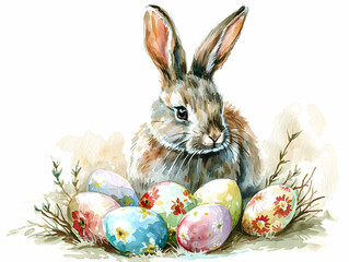 Illustration of a Easter bunny with easter eggs.
