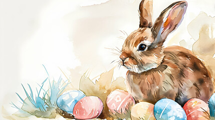 Cute Easter bunny and easter eggs. Watercolor illustration, copy space.