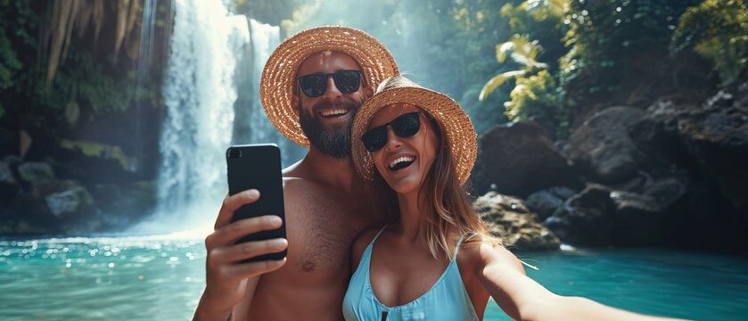 Happy Caucasian couple in straw hat, enjoying a vacation, takes a selfie in a heavenly place with lake and waterfalls