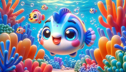 Fototapeta na wymiar Cartoon fish in the sea. 3D illustration. Fantasy world.