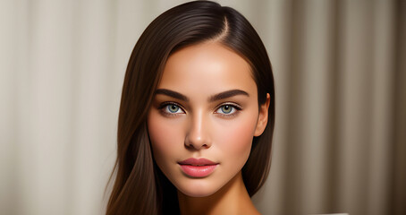 Naklejka premium Beauty female face. Beautiful brunette woman, portrait close up. Portrait of Beauty woman with blue eyes. Beauty face. Fashion Beauty face. Top model girl with curly hairstyle. Woman face close up.