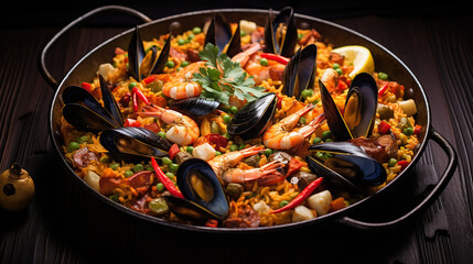 colorful seafood paella dish with shellfish on dark wooden table
