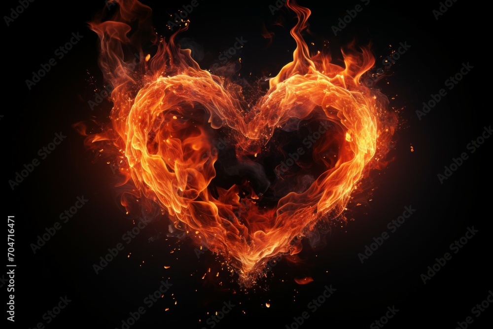 Poster fire flame in the shape of a heart. background with selective focus with copy space