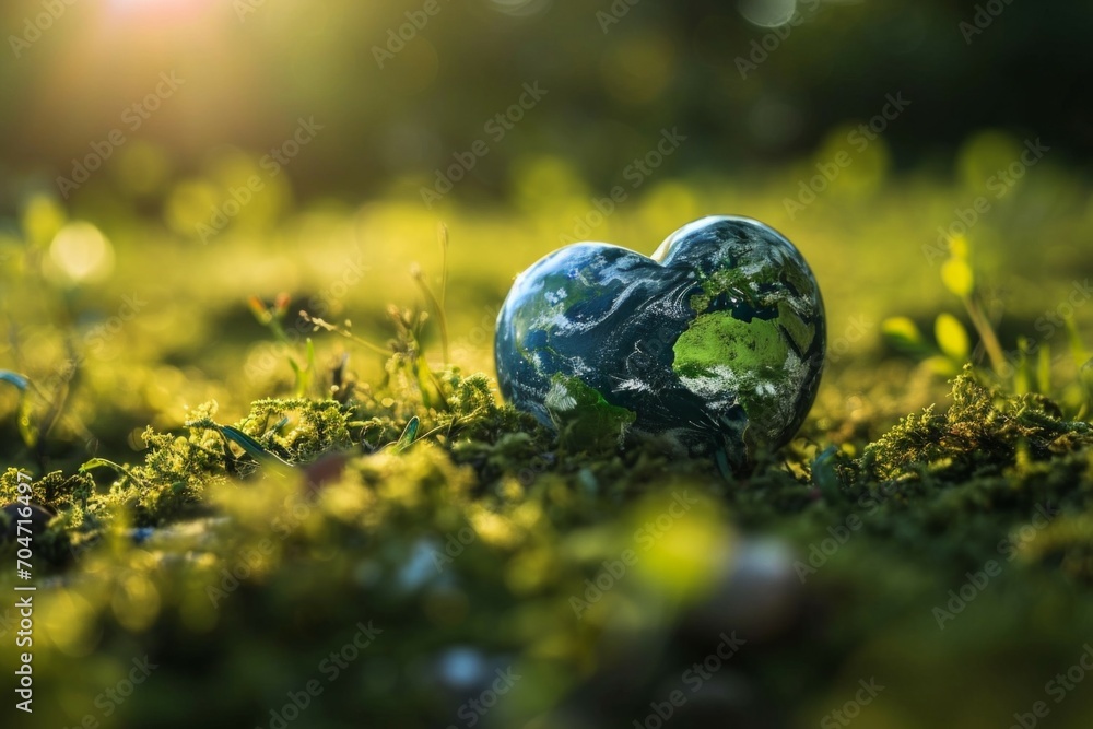 Poster planet earth in the shape of a heart. background with selective focus and copy space