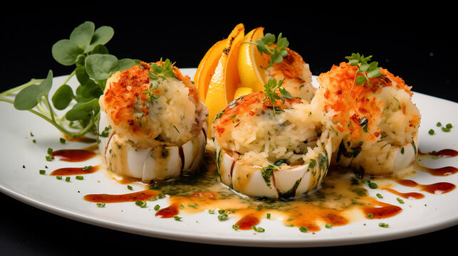 crab stuffed shrimp trio seafood appetizer beautiful platting concept
