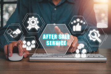 After sale service concept, Businessman using computer on desk and hand touching after sale service...