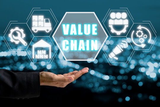 Value chain concept, Business woman hand holding value chain icon on virtual screen.