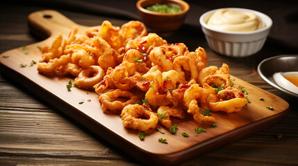 fried calamari squid appetizer on wooden serving tray - obrazy, fototapety, plakaty