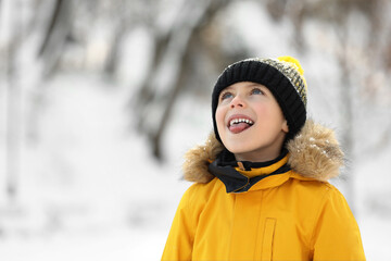 Cute little boy having fun in snowy park on winter day, space for text