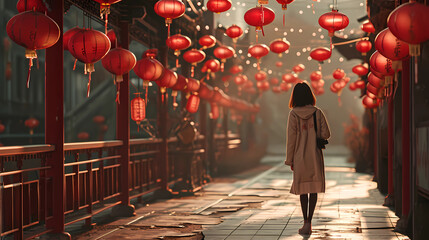 Woman with red lanterns decorating a bridge street
