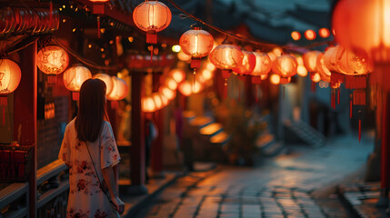 Woman with red lanterns decorating a bridge street