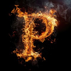 Capital letter P with fire growing out - obrazy, fototapety, plakaty