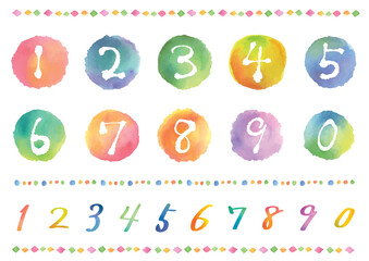 カラフルな水彩の円と数字とドットラインのセット