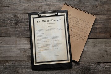 Last Will and Testament with handwritten letter on wooden table, top view