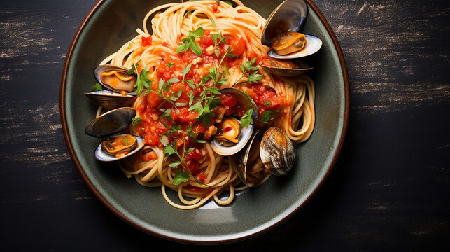 spaghetti alle vongole with tomato in seafood jus served as close-up