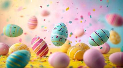 cute colorful easter eggs falling down like rain from sky. wallpaper background texture for ads, cards, banners, and web design. 16:9