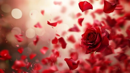 red valentines day roses petals sprinkles confetti for a holiday celebration on 14th february 2024. shiny red lights. wallpaper background for ads or gifts wrap and web design and banners cards