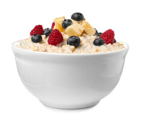 Tasty boiled oatmeal with berries and banana in bowl isolated on white