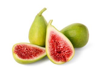 Cut and whole fresh green figs isolated on white