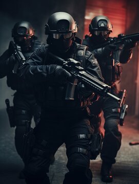 Special forces soldiers in black uniforms and helmets holding guns