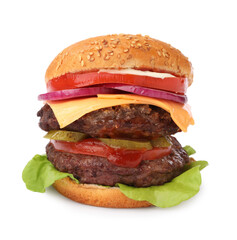 Tasty cheeseburger with patties and tomato isolated on white