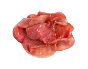Slices of tasty bresaola isolated on white, top view
