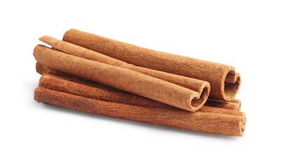 Pile of aromatic cinnamon sticks isolated on white