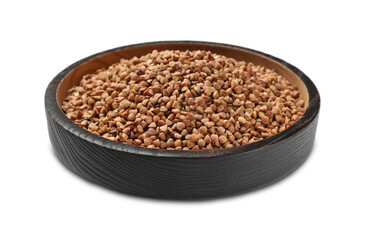 Bowl with dry buckwheat isolated on white