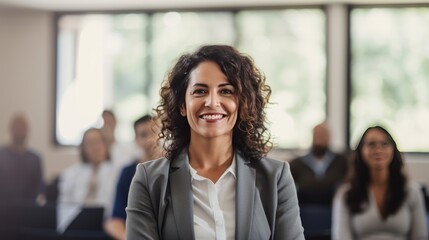 Mexican middle age business woman in front of a group 