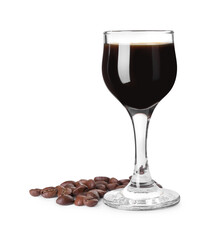 Shot glass with coffee liqueur and beans isolated on white
