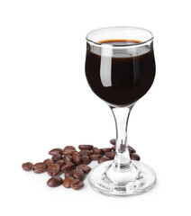 Shot glass with coffee liqueur and beans isolated on white