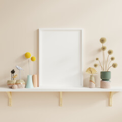 White frame leaning on white shelf in bright interior on empty wall background