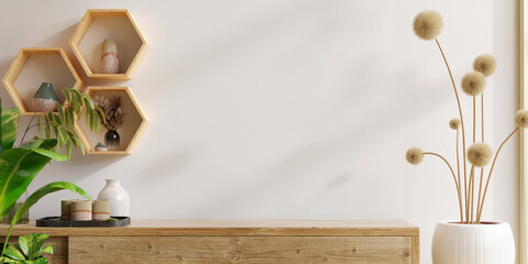 Wood cabinet and accessories decor in living room interior on empty white wall background